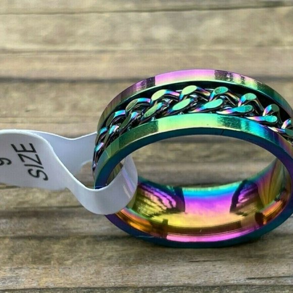 Multi Color Ring Fashion Unisex Ring Chain Style Men Women Rings Size 9 - Picture 4 of 10